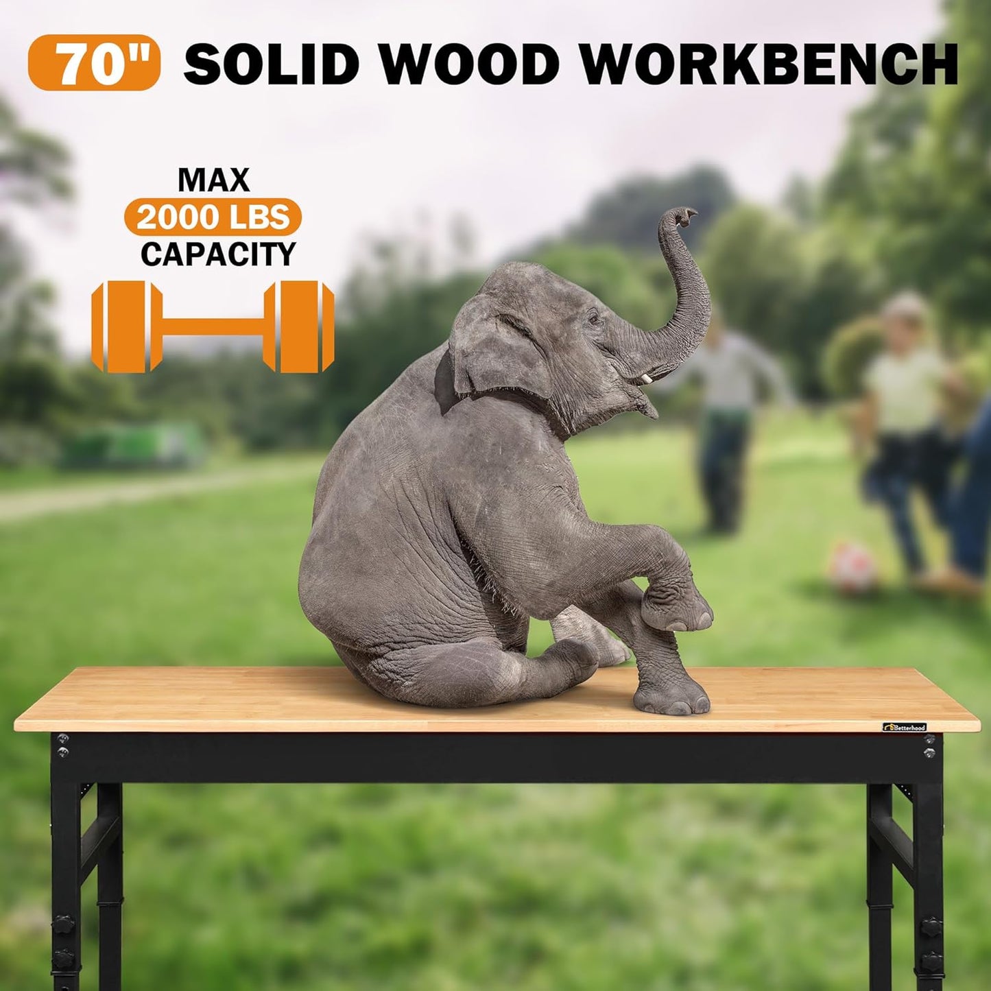 70" Adjustable Workbench on Wheels, 2000 LBS Heavy Duty Work Table with Power Outlets & Pegboard, Rubber Wood Workstation for Garage, Workshop, Office, Home, Commercial