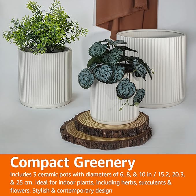 Amazon Basics Assorted Sizes Fluted Ceramic Round Indoor Outdoor Planters with Drainage, Set of 3, Modern Design, 6-Inch, 8-Inch, 10-Inch, White