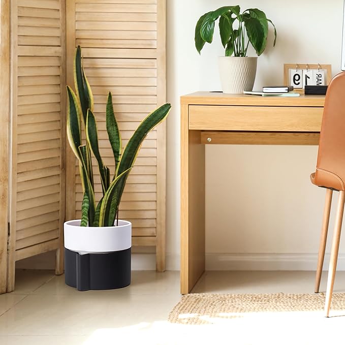 8 Inch Self-Watering Planter Pot with Terracotta Insert, Deep Water Reservoir, and Ceramic-Alike BPA-Free Plastic Planter Pot for Plant, Modern Planter for Houseplants, Black/White, 53-C-T-7