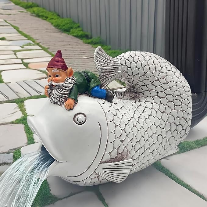 Gnome Fish Sculpture - Eco-Friendly Resin Gutter Diverter Rain, Outdoor Decor Sculpture, Garden Animal Statue, Gutter Downspout Splash Block, Decorative Extension, Ideal for 3"x4" Downspouts