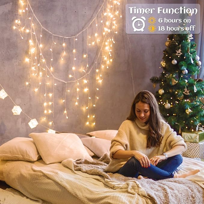 Icicle lights Outdoor - 33ft Christmas Lights with 400LED 75 Drops 8 Modes, Plug in Curtain String Lights Waterproof for Holiday Wedding Party Home Garden Bedroom Indoor Outdoor Decoration,Warm White