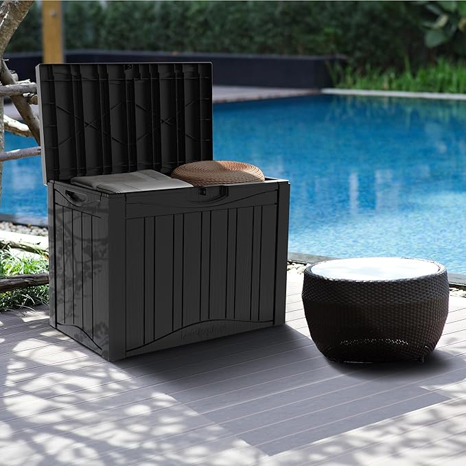 45 Gallon Waterproof Deck Storage Box - All-Weather Outside Storage Box with Lock, Outdoor Box Storage for Patio/Pool Accessories, UV-Resistant Resin, Matte Black