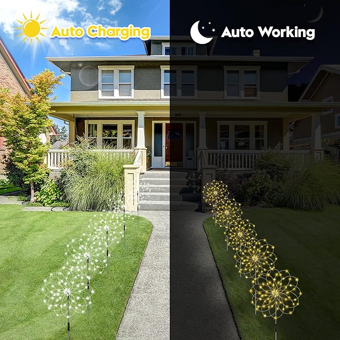 6 Pack Solar Garden Lights Outdoor, Firework Lights 8 Modes with Remote DIY Outdoor Decor,120 LED Waterproof Garden Fireworks Lamp, Landscape Outdoor Light for Pathway Backyard Lawn (Warm White)