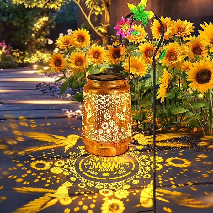 Hummingbird Solar Lanterns Outdoor Garden Decor, Birthday Gifts for Women Mom Grandma Hanging Metal Solar Lights Waterproof Decoration LED Lantern with Shepherd Hook for Outside Garden Yard Patio Lawn