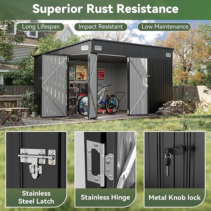 Aoxun 12' x 7.3' Shed 441 CU.FT Outdoor Waterproof Storage Shed with Triple Lockable Door Garden Metal Tool Shed for Outside (Black)