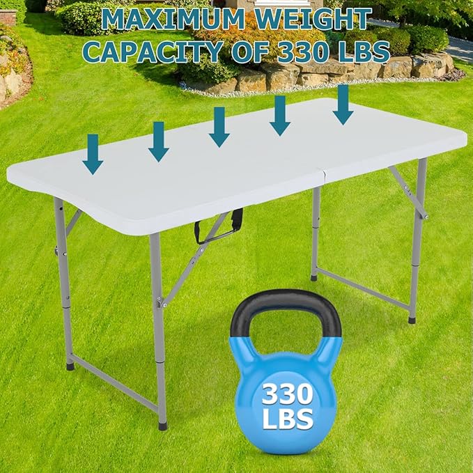 4FT Folding Table, Height Adjustable Table, Heavy Duty Plastic Tables Portable Fold-in-Half Utility Table w/Handle & Lock for Camping BBQ Party Banquet Wedding Market Events, 330LBS