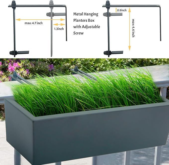 15 INCH Metal Railing Planter Boxes - Hanging Planter for Outdoor Balcony Fence, Durable All-Weather Use with Adjustable Brackets, Modern Décor for Flowers, Succulents, Hanging Plants, Grey