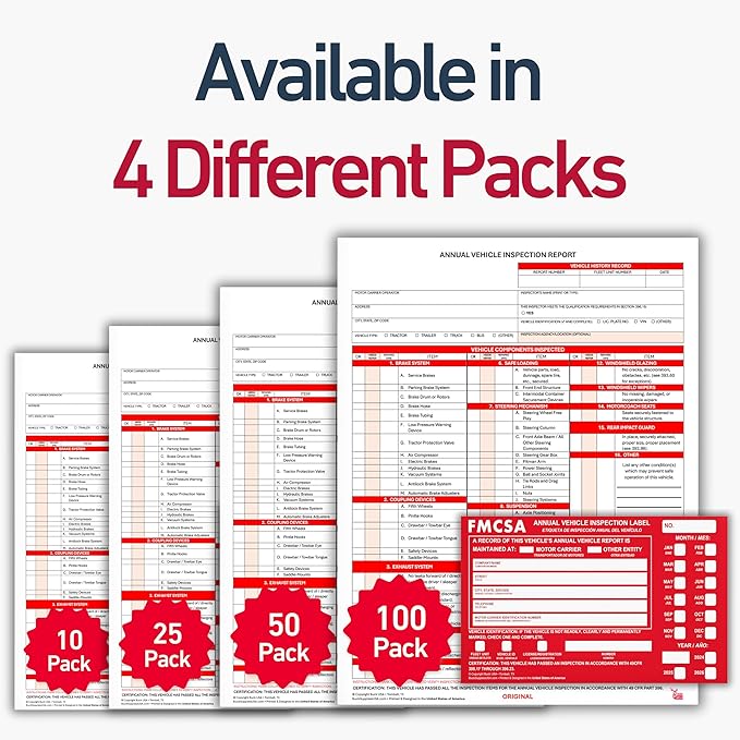 5 Pack 3-Ply Carbonless Annual Vehicle Inspection Report Forms with FMCSA Red Aluminum Adhesive Labels, DOT Inspection Forms and Stickers, Shrink-Wrapped, 8.5" x 11.75" - Made in USA