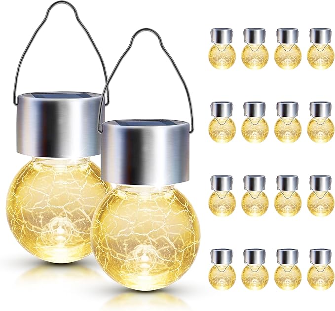 GIGALUMI 16 Pack Solar Outdoor Lights, Solar Hanging Lights for Christmas Decoration-Cracked Glass Solar Lights Outdoor Waterproof for Garden, Yard, Fence, Tree(Warm White)