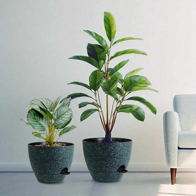 12/10/9 inch Large Self Watering Pots, Planter, Plant Pots with Mesh Drainage Holes for Indoor Outdoor Garden Plants, Plastic Flower Pots with Deep Reservoir, Black with Green Speckles