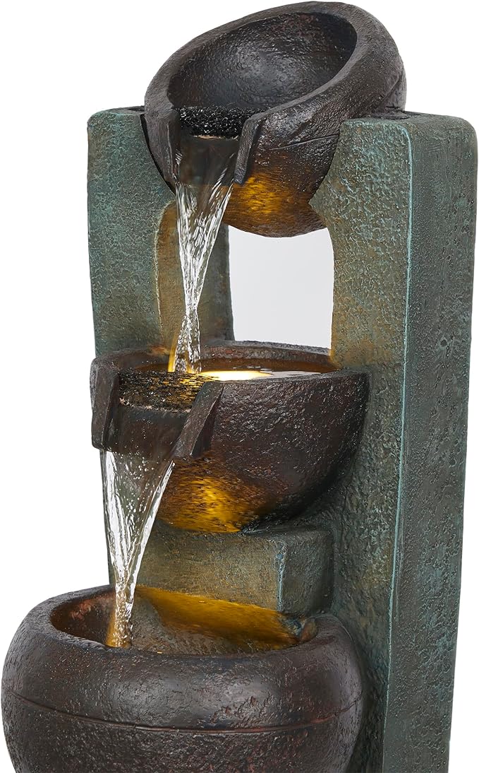 Alpine Corporation TZL400 34" 3 Tier Basin Cascading Fountain with LED Lights, Elegant Outdoor Water Feature for Garden, Patio, Yard & Outdoor Spaces, Relaxing Waterfall Fountain, Gray