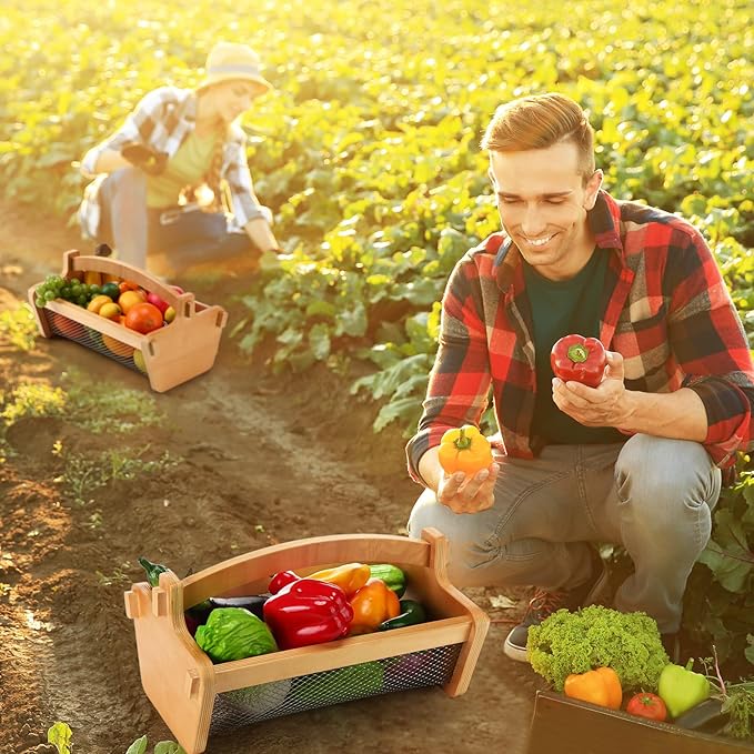 Garden Harvest Basket Mesh Storage with Handle Versatile Gardening Fruits Vegetables Gathering Basket Garden Supply Gardener Gift Spring for Washing Holding (Wood Color,13.4in)