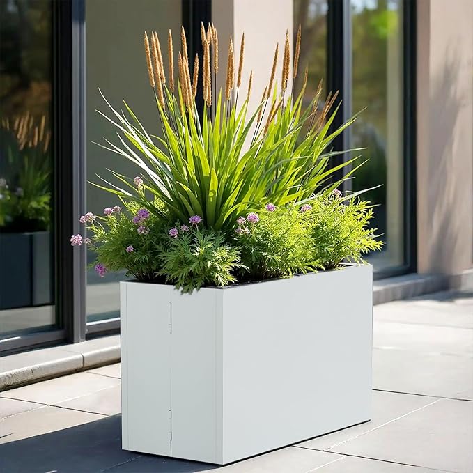 Galvanized Steel Rectangular Planter, 16"x 12"x 12" Small Planters for Outdoor Plants, White Outdoor Planter with Drainage Holes