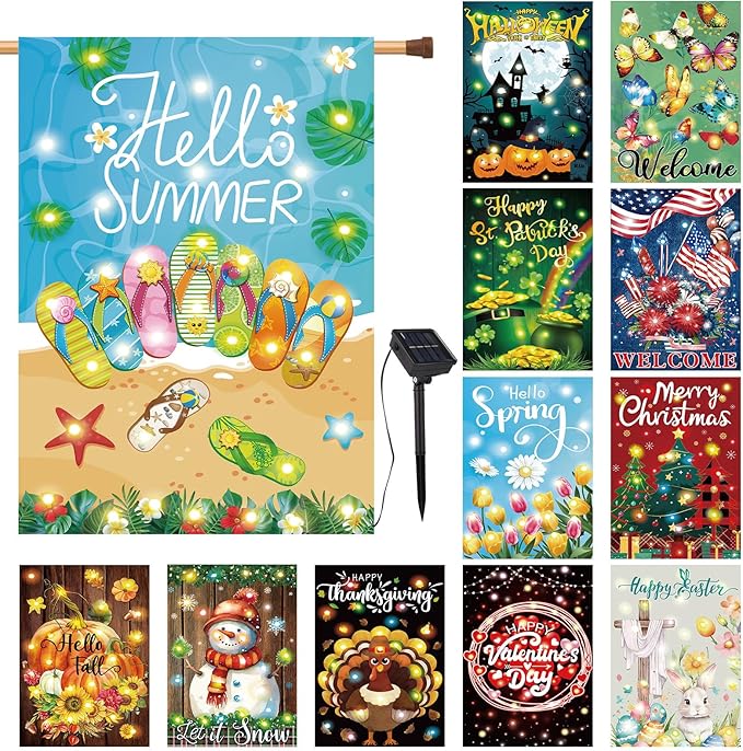 12 Pcs Solar Seasonal LED Garden Flags 28 x 40 Inch Double Sided Yard Flags Spring Easter Halloween Fall Thanksgiving Day Decorations Welcome Garden Flag Lawn Yard Outdoor Holiday Decoration