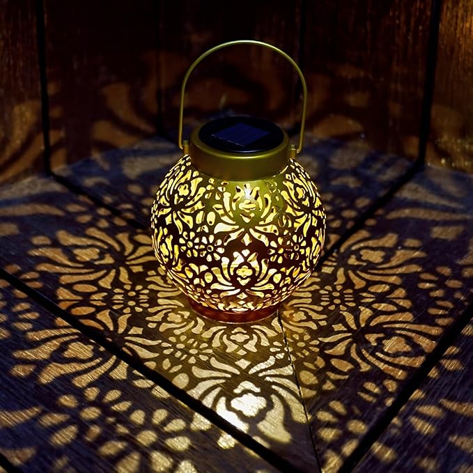 2 Pack Outdoor Solar Hanging Lantern Lights Metal LED Decorative Lamp for Garden Patio Courtyard Lawn and Table with Hollowed-Out Design (Sunset Blaze)