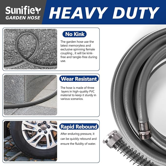 5/8’’ Heavy Duty Garden Hose 25 ft – Outdoor Hybird Water Hose with Solid Fitting - Flexible, Kinkless, Lightweight Garden Hose for Lawn Watering, Car Washing - Burst 500 Psi (Grey,25 ft)