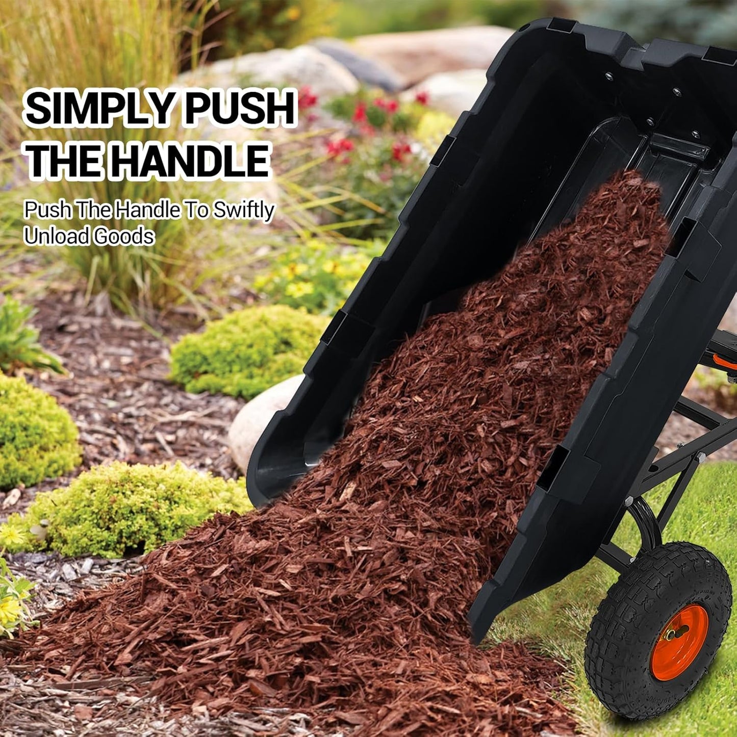 Garvee 800 lbs Poly Garden Dump Cart, Heavy-Duty Wheelbarrow with 10-Inch Tires, 180° Rotating Handle, Steel Frame and Quick Release System Garden Dump Cart for Soil Plants Gardening Tools Wood