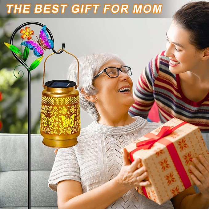 2 Pack Solar Lanterns Outdoor Waterproof,Butterfly Solar Lights Garden Decor Gifts for Mom Women Grandma Decoration Outside for Yard, Patio,Backyard,Porch