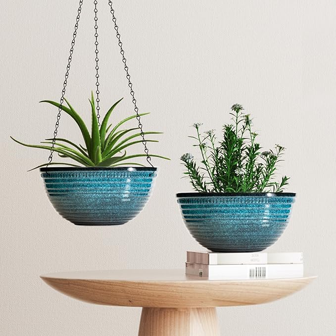12 inch Hanging Planters for Indoor Outdoor Plants, 2 Pack Large Hanging Flower Pots with Drainage Holes and Chain, Glazed Hanging Baskets for Home Garden Decoration, Blue