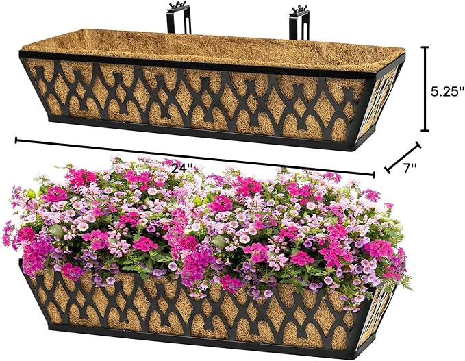 2 Pack 24 Inch Window Boxes Planters Railing Planter Box with Adjustable Brackets for Porch Fence Patio Balcony Hanging Flower Baskets with Coco Liners for Outdoor Garden Décor - Black