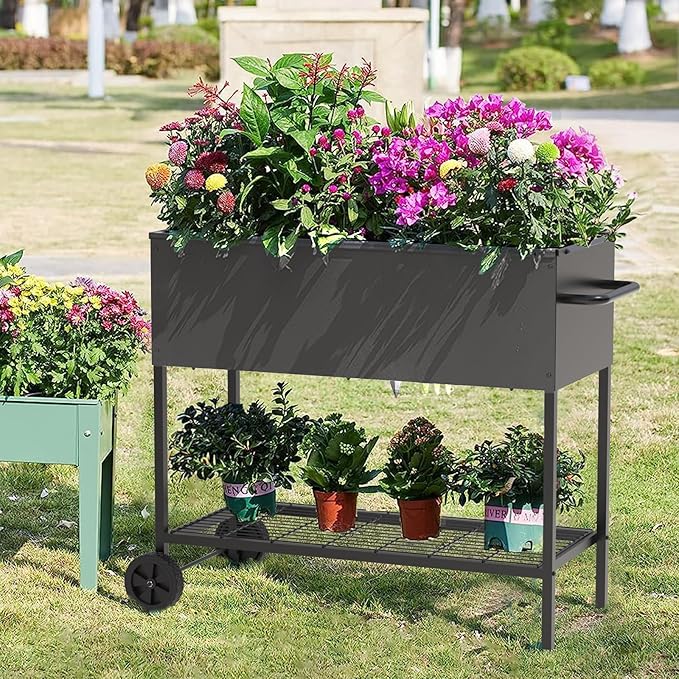34 × 15 × 31 Inches Raised Garden Bed with Legs/Storage Shelf, Mobile Planter Box for Outdoor Plants, Elevated Garden Bed for Backyard, Balcony, Black