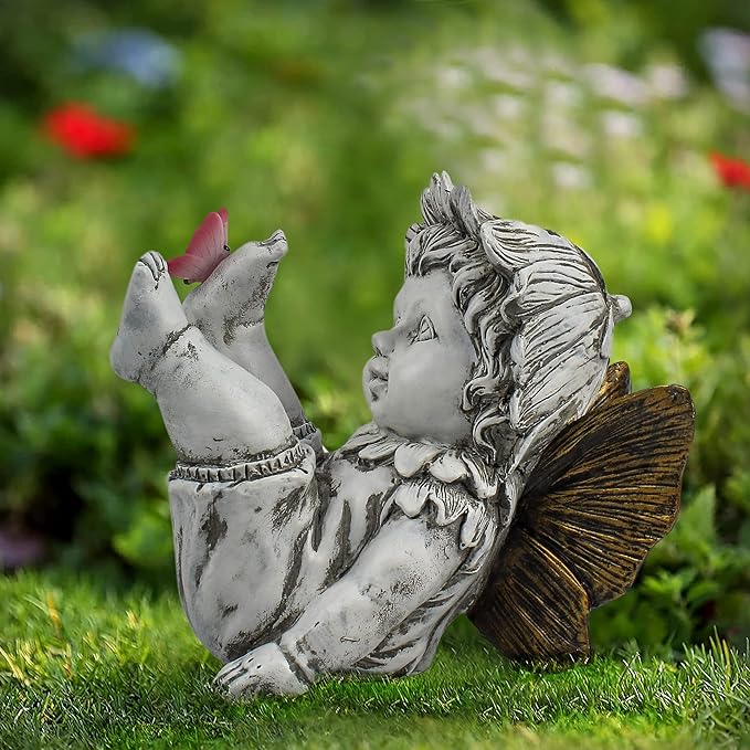 Garden Fairy Outdoor Solar Decor, Resin Ornaments for Patio Lawn Yard Porch, Playful Garden Flower Fairy Statues for Outside Angel Gifts, 7.91 Inches Tall