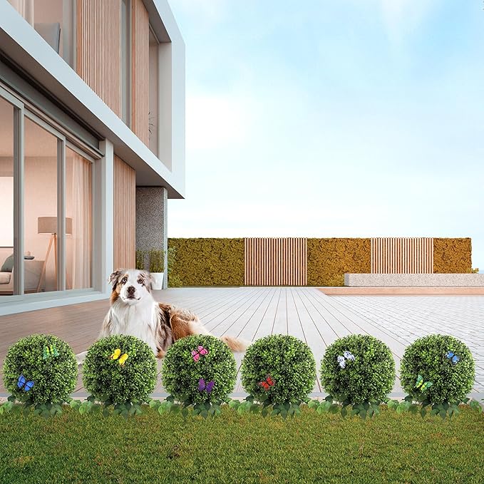 28" Artificial Boxwood Ball Bush, UV Resistant Topiary Tree Faux Boxwood Ball Shaped Porch Bushes with Ground Spike Artificial Bushes for Outdoors Front Door Decor Home Garden