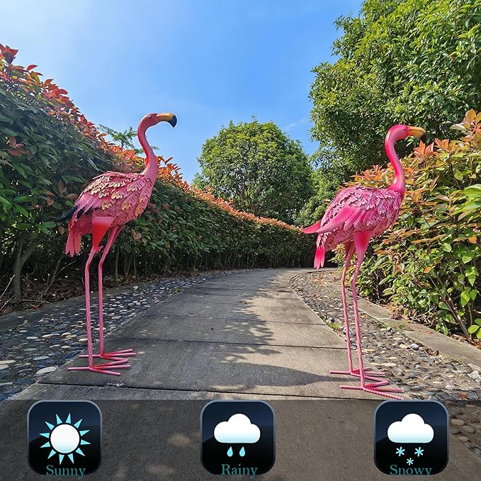 Garden Statues Flamingo Sculptures Metal Yard Art, Pink Bird Art Outdoor Backyard Decor Patio Lawn Porch Ornament Flamingo Yard Decoration (Red with Gold)