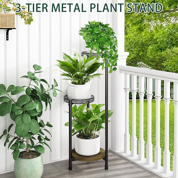 3 Tier Plant Stand Indoor,Metal Tiered Plant Shelves,Modern Corner Plant Shelf for Multiple Plants for Outdoor Living Room Balcony Garden Patio,Black