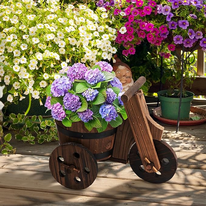 Adnee 2 Pcs Wooden Barrel Tricycle Planter-Rustic Cart Garden Planter Pot-Decorative Raised Barrel Wagon Planter for Indoor Decor Outdoor Patio Lawn Garden Backyard
