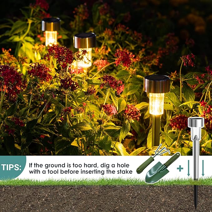 GIGALUMI Solar Lights Outdoor Waterproof, 20 Pack, Stainless Steel LED Solar Garden Lights for Patio, Lawn, Yard and Landscape, Garden Decor Patio Decor,Warm White