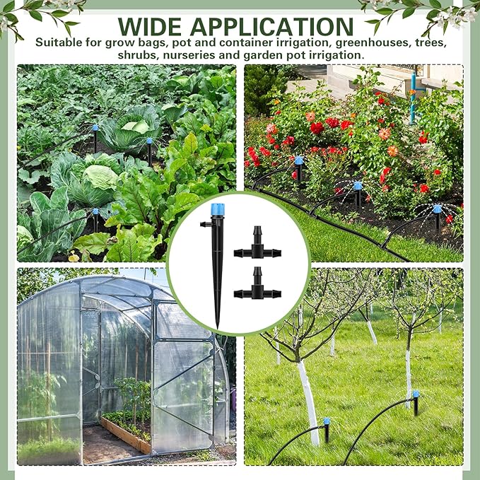 200 Pcs Drip Irrigation Kit for 1/4" Tubing Include 100 Drip Irrigation Emitter Adjustable Fan Shape Drip Irrigation Parts and 100 Barbed Tee Fittings Barbed Connectors for Garden Lawn Patio