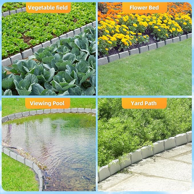 16 Pack(24FT) Landscape Edging w/ 48 Spikes | Flexible Plastic Border for Outdoor, Walkway, Lawn & Weed Control | 24" L x 3" H Faux Stone Edging for Landscaping,Garden Edging Border Stone(Gray) 