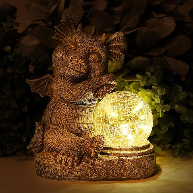 Garden Outdoor Dragon Statue Holding Solar Magic Orb LED Light Resin Adorable Baby Dragon Figurines for Patio Balcony Yard Lawn Garden Unique Housewarming Gift for Mom Grandma