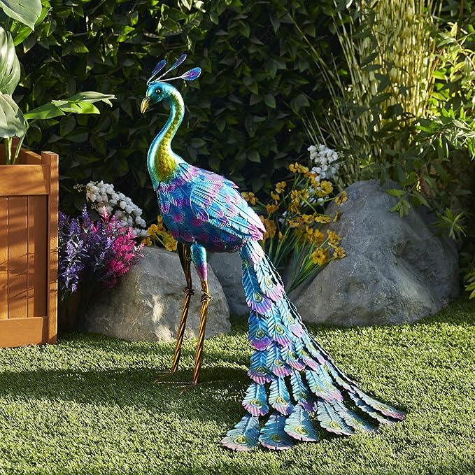Alpine Corporation - 23" Tall Outdoor Metallic Peacock Tail Spread Yard Statue – Vibrant Garden Sculpture for Patio, Lawn, or Entryway (Multicolor)