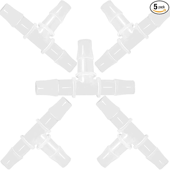 1/2" Tee Fitting Equal Barb 3 Way Hose Barb Fitting，Splicer Joint Mender Adapter Union Fitting for Fuel Gas Liquid Air (Pack of 5)