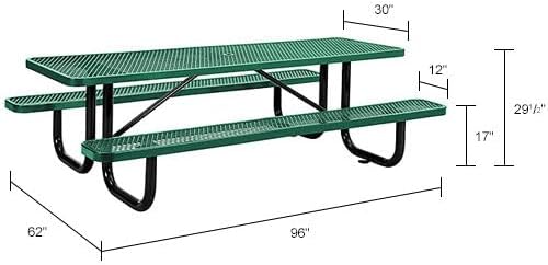 Global Industrial 8’L Rectangular Picnic Table, Expanded Metal, Green Thermoplastic Coating, Attached Benches, 1-1/2” Umbrella Pole Hole, Outdoor-Rated, 1000 lb Capacity, 96” x 30” Tabletop