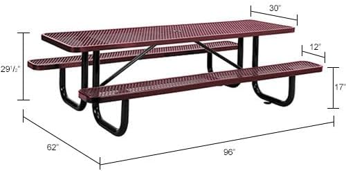 Global Industrial 8’L Rectangular Picnic Table, Expanded Metal, Red Thermoplastic Coating, Attached Benches, 1-1/2” Umbrella Pole Hole, Outdoor-Rated, 1000 lb Capacity, 96” x 30” Tabletop