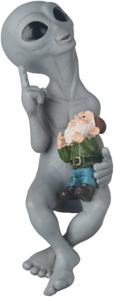 Andre' & Fritz Friendship “Origins” Alien and Gnome Garden Fence Sitter Statue | Poly-Resin 9" h x 3" w x 4" d Outdoor Décor (Origins - Fence Sitter)