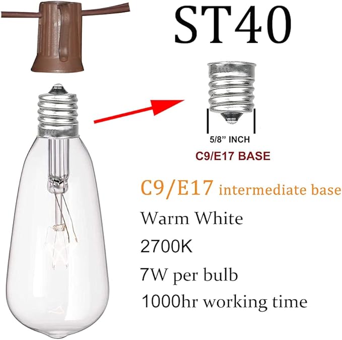 20Ft Outdoor Patio String Lights with 22 Clear Vintage Light Bulbs (2 Spare), E17 Base ST40 Outdoor Edison String Lights Waterproof UL Listed for Indoor Garden Backyard Party Porch Decor, 7W - Brown