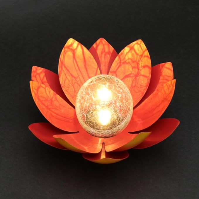 12 inches Solar Lights Outdoor Garden, Crackle Globe Glass Lotus Decoration, Waterproof LED Metal Flower Lights for Patio,Lawn,Walkway,Tabletop,Ground Gardening Gifts (Red)
