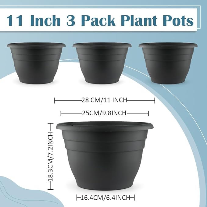 11 Inch Plant Pots, 3 Pack Planters for Indoor Ourdoor Plants, Round Plastic Flower Pots, Large Planters with Drainage Hole and Plug, Gray