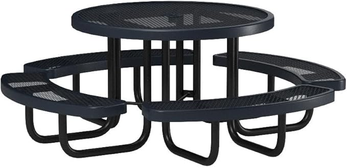 Heavy-Duty Portable Outdoor Picnic Table with Umbrella Hole, Expanded Metal Commercial-Grade Patio Dining Furniture Made in America (46" Round Top, Dark Blue)