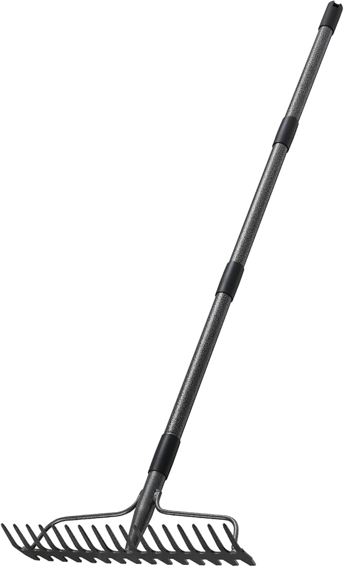 77'' Bow Rake ，17 Tines Metal Head Rakes with Stainless Steel Handle，Heavy Duty Garden Rake for Loosening Soil Gathering Leaf Leveling Lawn Farming Land Management Yarn Thatch Rake