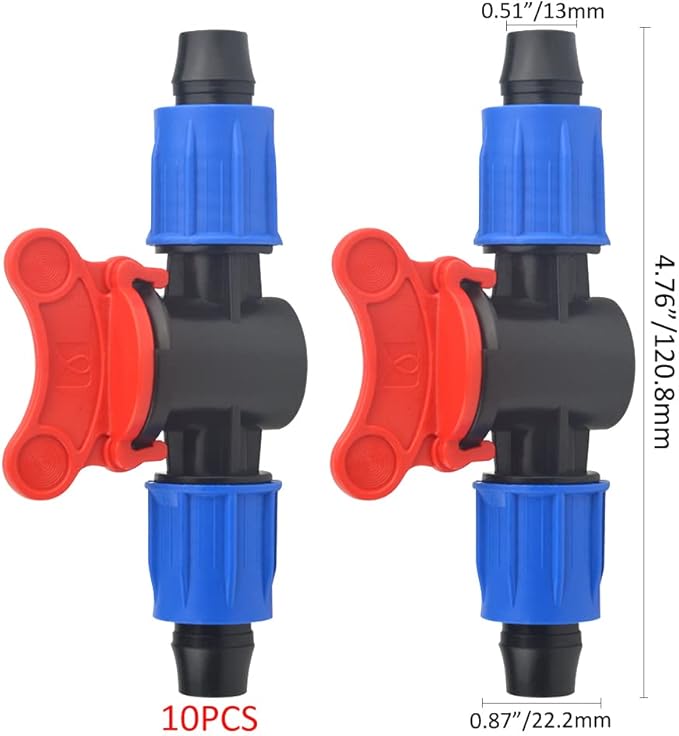 10Pack 1/2 Inch Drip Irrigation Shut-Off Valve Universal Drip Irrigation Tubing Coupling Valve Drip Connector Fitting Compatible with 16 to 17 mm Drip Tape Tubing Sprinkler System (Blue Red)