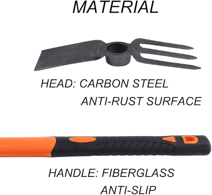 3 Sprongs Dual Head Rake Hoe with Heavy Duty Forged Adze and Ergonomic Non-Slip Handle for Loosening Soil, Gardening, Camping Outdoor 39mm/15-Inch