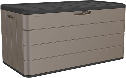 100 Gallon Plus Outdoor Storage Box Waterproof Lockable Resin Deck Box Large, Patio Storage Bin for Pool Accessories Cushion Furniture, Garden Tools, UV-Resistant Outside Delivery Brown