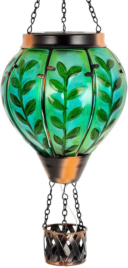 Green Leaf Hot Air Balloon Solar Lantern with Flickering Flame Light,Glass Hanging Solar Lanterns Outdoor Waterproof Hot Air Balloon Decor for Patio Party Yard Tree,Garden Gifts for Women Mom