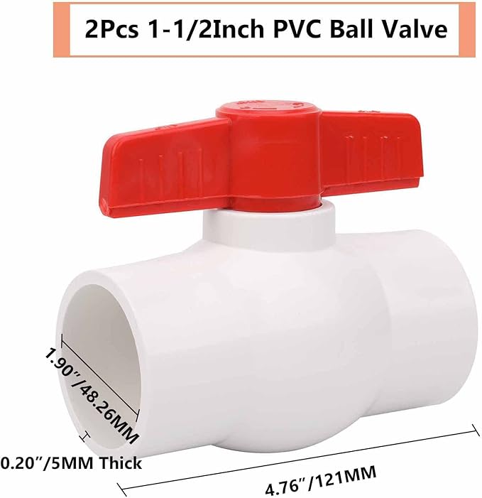 2Pcs 1-1/2" PVC Ball Valve Water Pipe Shut-off Valve Socket with Red T-Handle for Cold Water Supply lines, Irrigation Pipe fitting System(Socket x Socket), Schedule 40