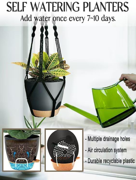 3 Pack Self Watering Hanging Planters Macrame Plant Hangers with Indoor Flower Pots 10" / 8" / 7", 3 Different Size Hanging Basket, Plant Hanger with Hooks for Garden Home Decor Black Large